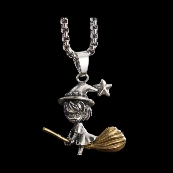 Witch Flying on Broom Tone Heavy Pendant and Necklace #1432 - Picture 4 of 6
